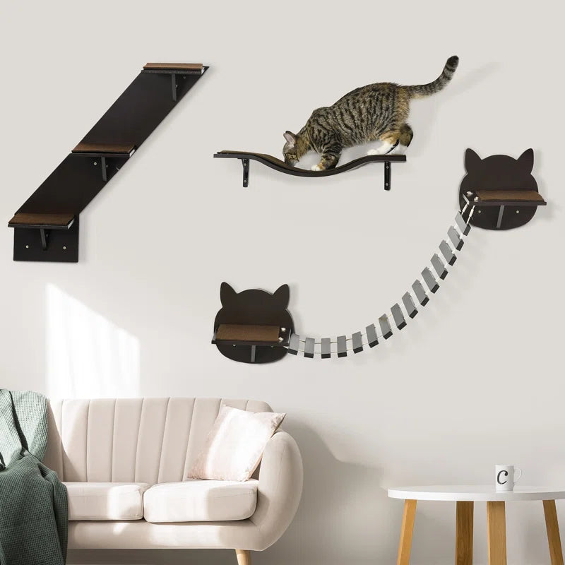 A cat exploring a modern wall-mounted cat perch setup in a living room.