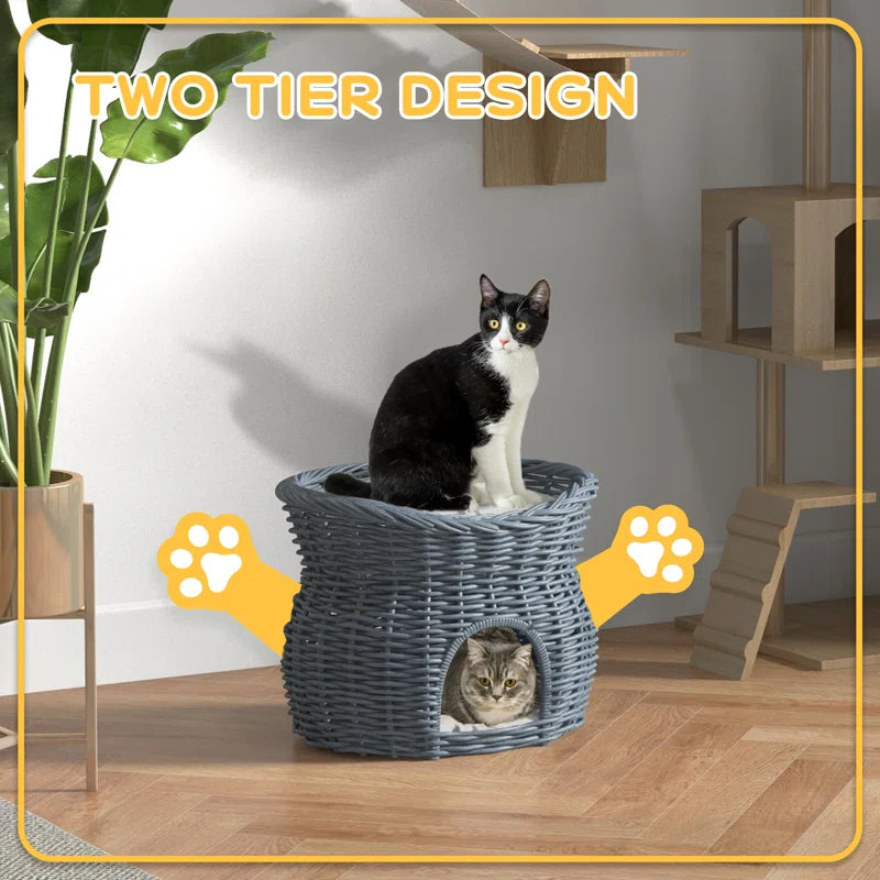 Wicker Cat Bed by PawHut – Stylish 2-Tier Rest and Play Haven for Cats